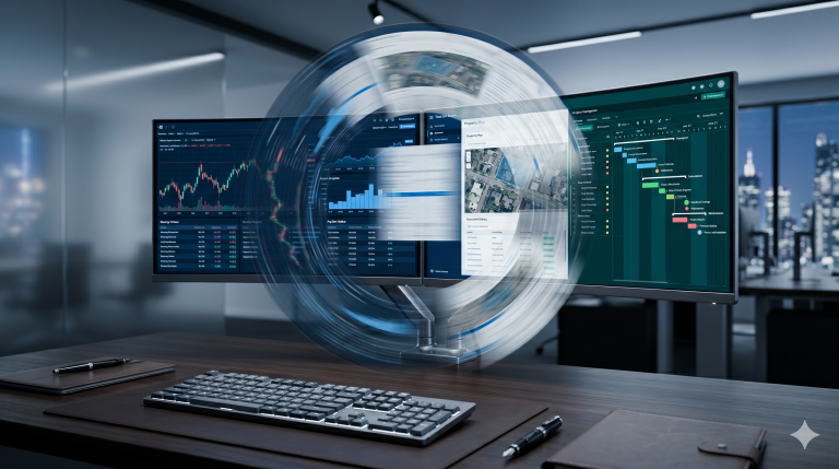 A modern multi-monitor enterprise software workspace illustrating the swivel chair tax and manual data entry silos in a title agency.