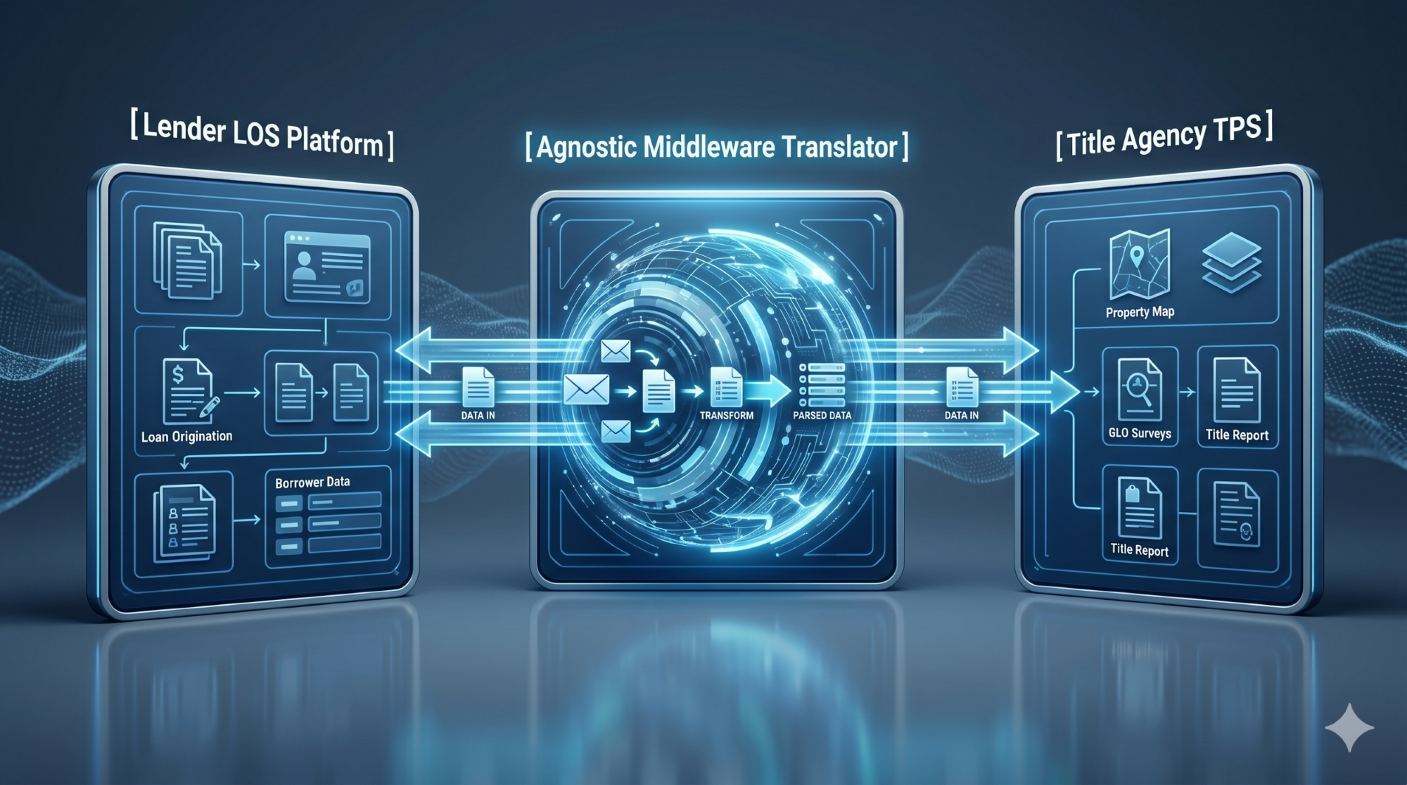 An architecture infographic diagram illustrating how agnostic middleware acts as a digital translator between a Lender LOS and a Title Agency TPS.
