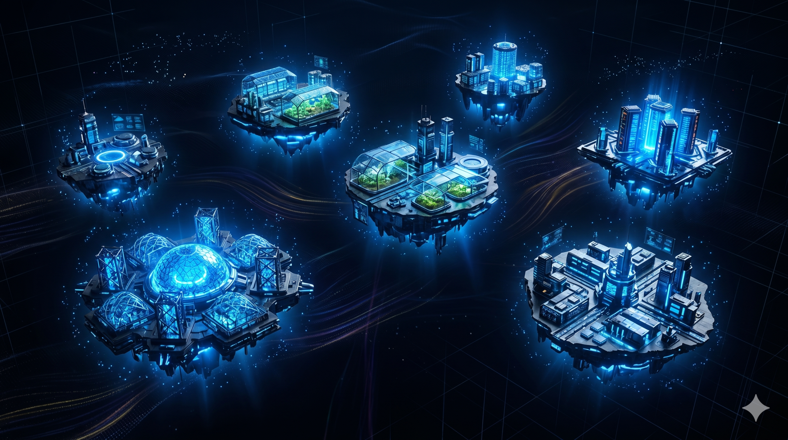 A futuristic digital landscape of glowing floating islands representing disconnected technology hubs, illustrating the 'Vendor Paradox' and data silos in the title insurance industry.