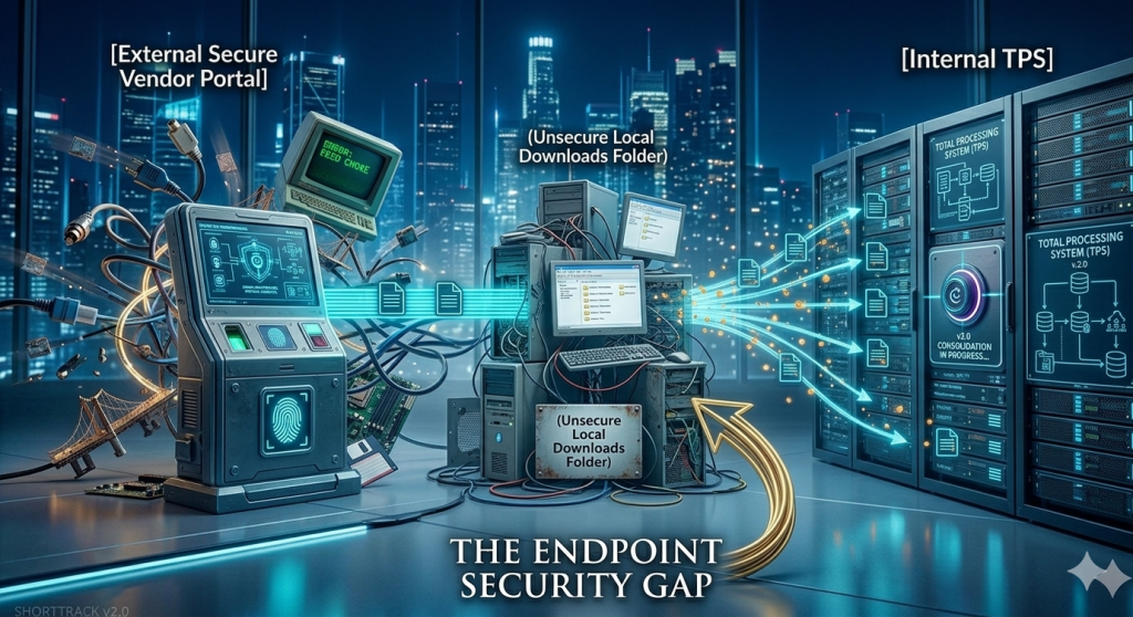 An enterprise architecture infographic illustrating the endpoint security gap caused by downloading files locally between a vendor portal and an internal TPS.