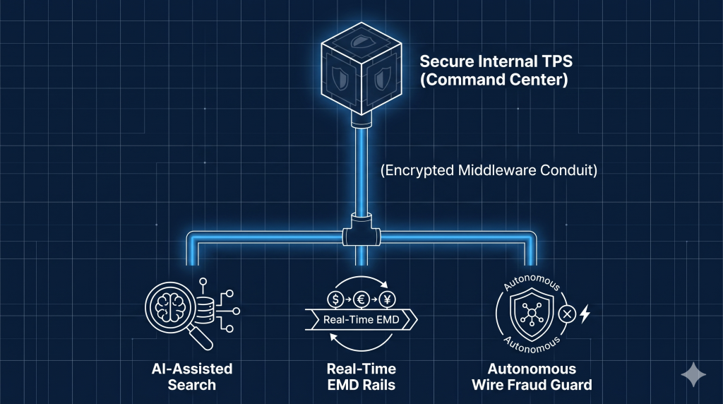 A technical schematic illustrating an encrypted middleware conduit routing search and wire fraud tools natively into a secure title automation TPS core.