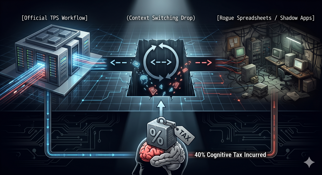 Infographic displaying the 40 percent cognitive tax and context switching drop caused by Shadow IT and rogue spreadsheets in title agency workflows.