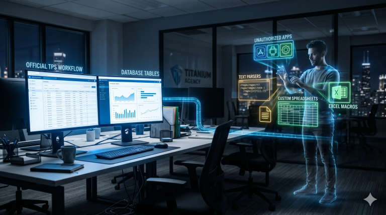 A visual representation of Shadow IT workarounds contrasted against a secure title automation workflow in an escrow agency.