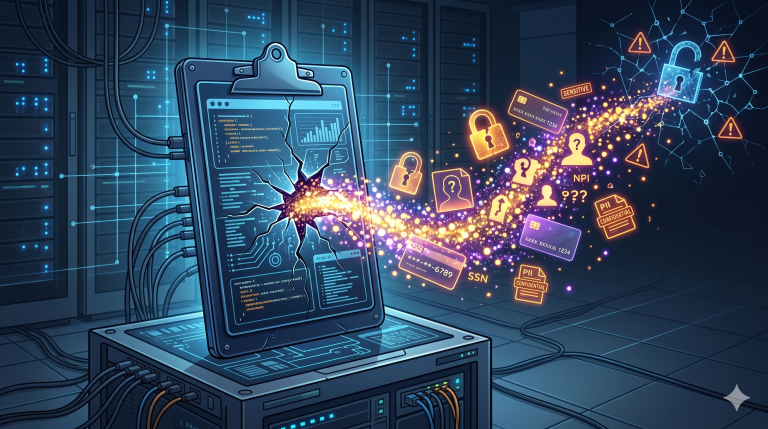A cracked digital clipboard leaking glowing sensitive NPI data, illustrating the security risks of unencrypted system clipboards.