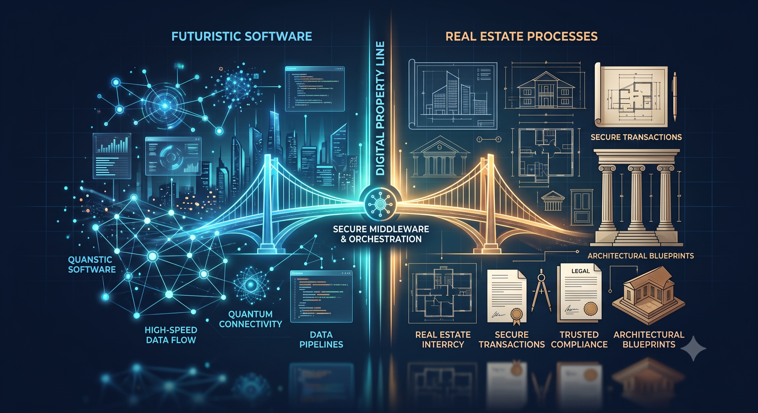 A conceptual illustration of the Digital Property Line bridging modern PropTech software with traditional title industry systems.