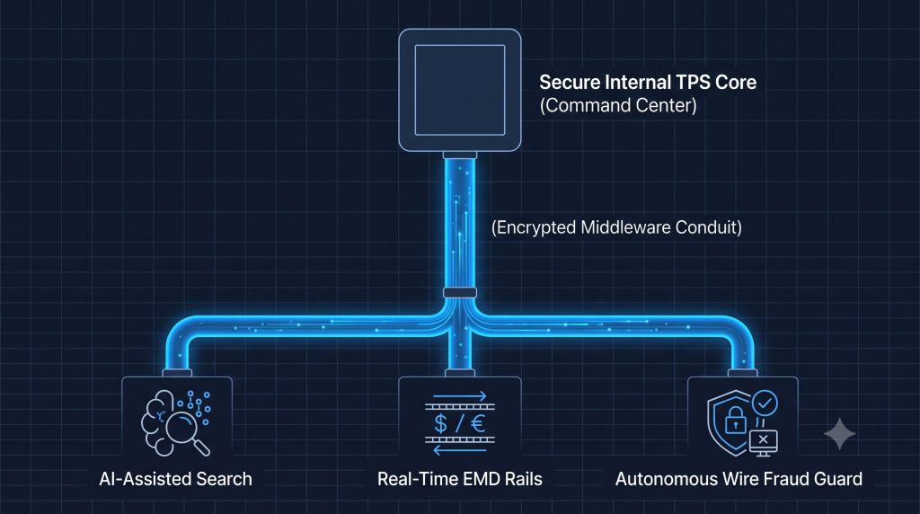 A technical schematic illustrating a secure middleware conduit orchestrating AI search, real-time EMD rails, and wire fraud protection natively inside a title automation system.