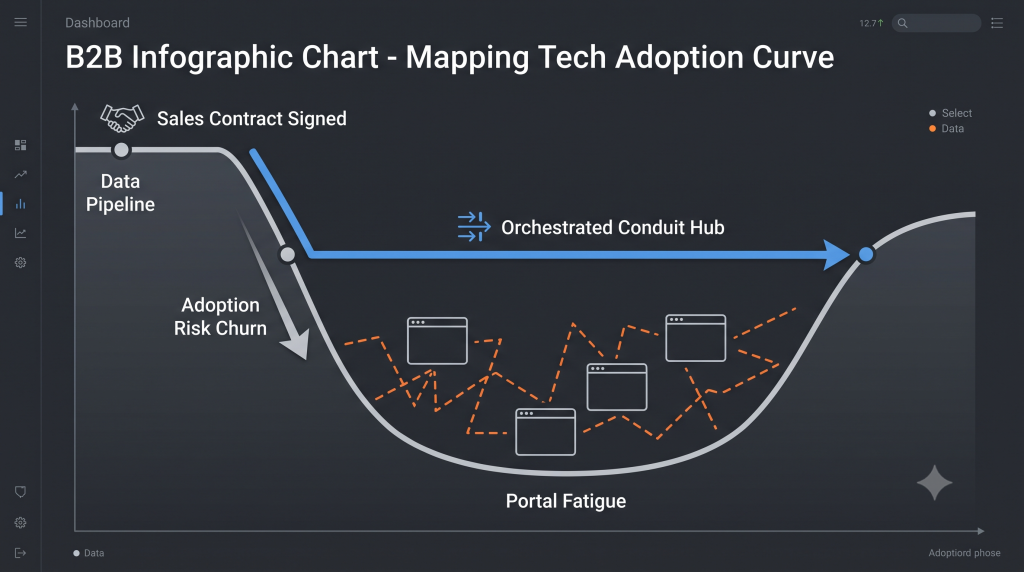 A data visualization chart mapping how portal fatigue and context switching create adoption risk across title automation software.