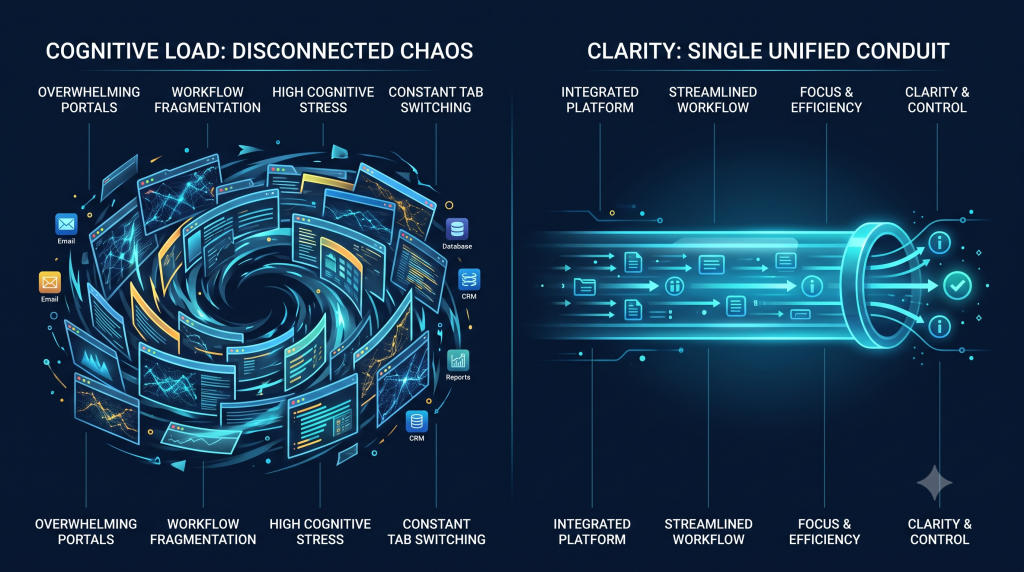 Infographic contrasting portal fatigue with Unified Workspaces and streamlined Title Automation.
