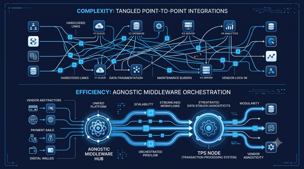 Infographic comparing hardcoded integration debt with an agnostic middleware orchestration layer across title search and payment rails.