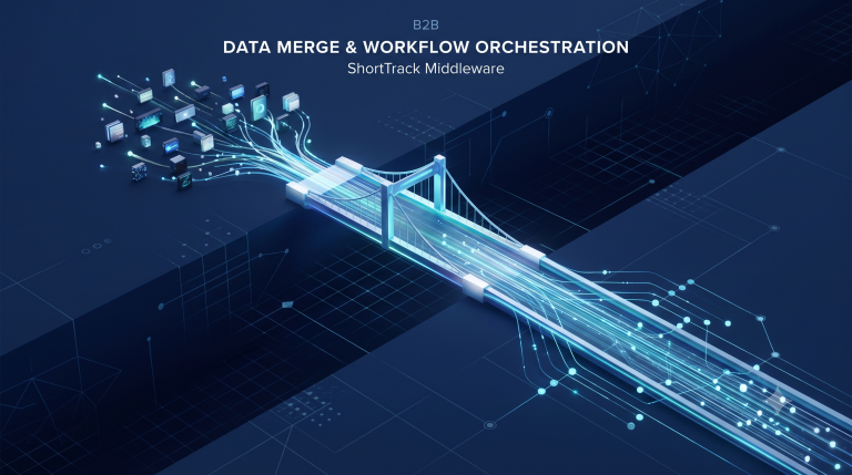 A sleek corporate infographic showing fragmented data streams being orchestrated into Unified Workspaces on a dark navy background to eliminate the dual-screen tax.