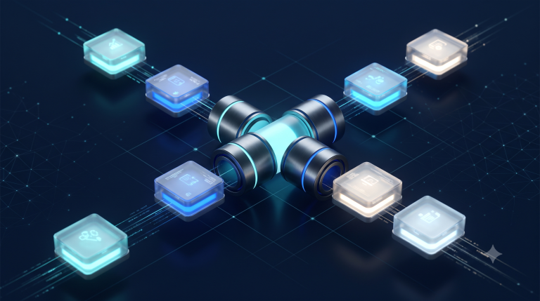 Abstract enterprise technology illustration depicting vendor agnosticism and plug-and-play title automation orchestration on a navy background.