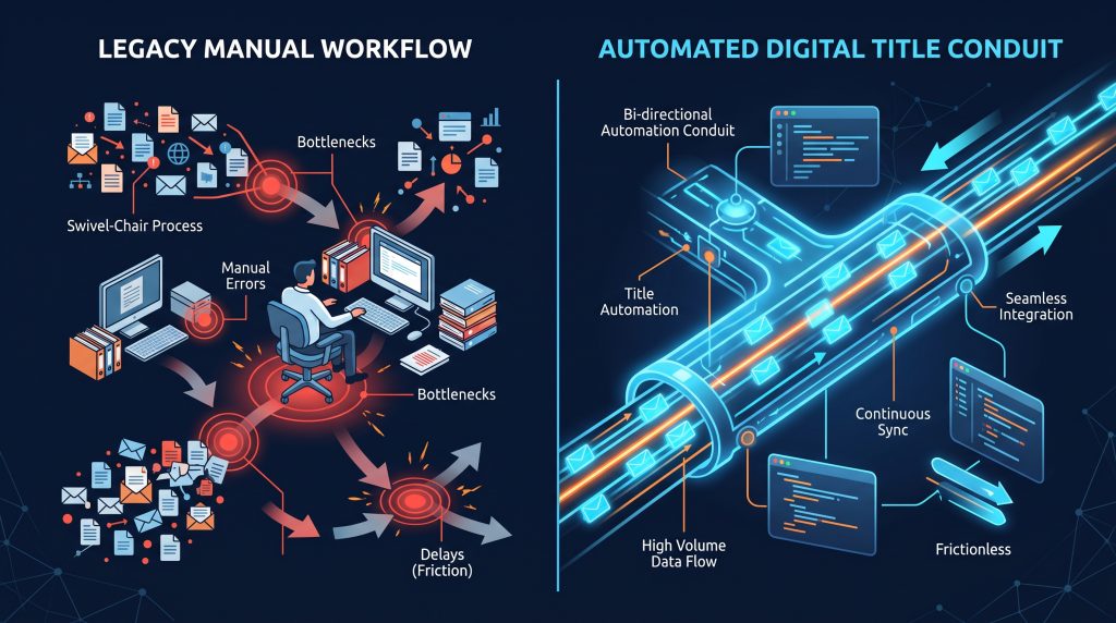Process comparison graphic showing title automation replacing manual data entry bottlenecks.