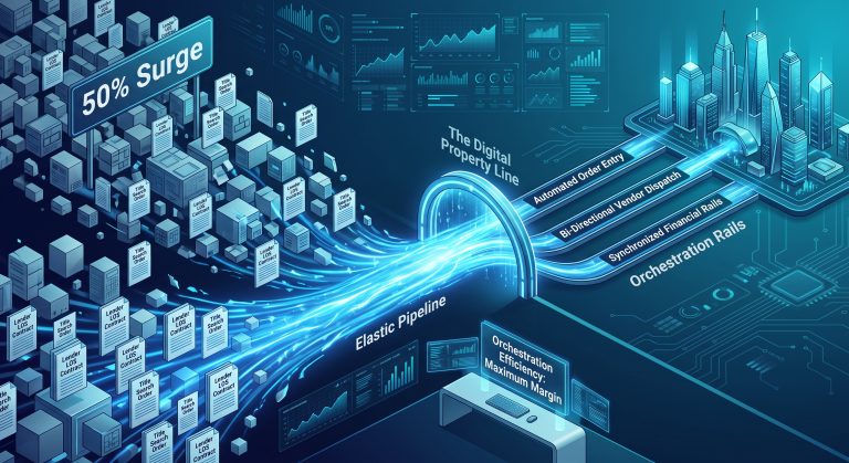 Title automation network graphic illustrating scalable connectivity during market volume spikes.