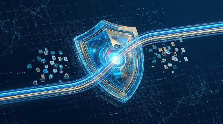 A digital shield layout illustrating NPI security and encrypted data orchestration in title production workflows.