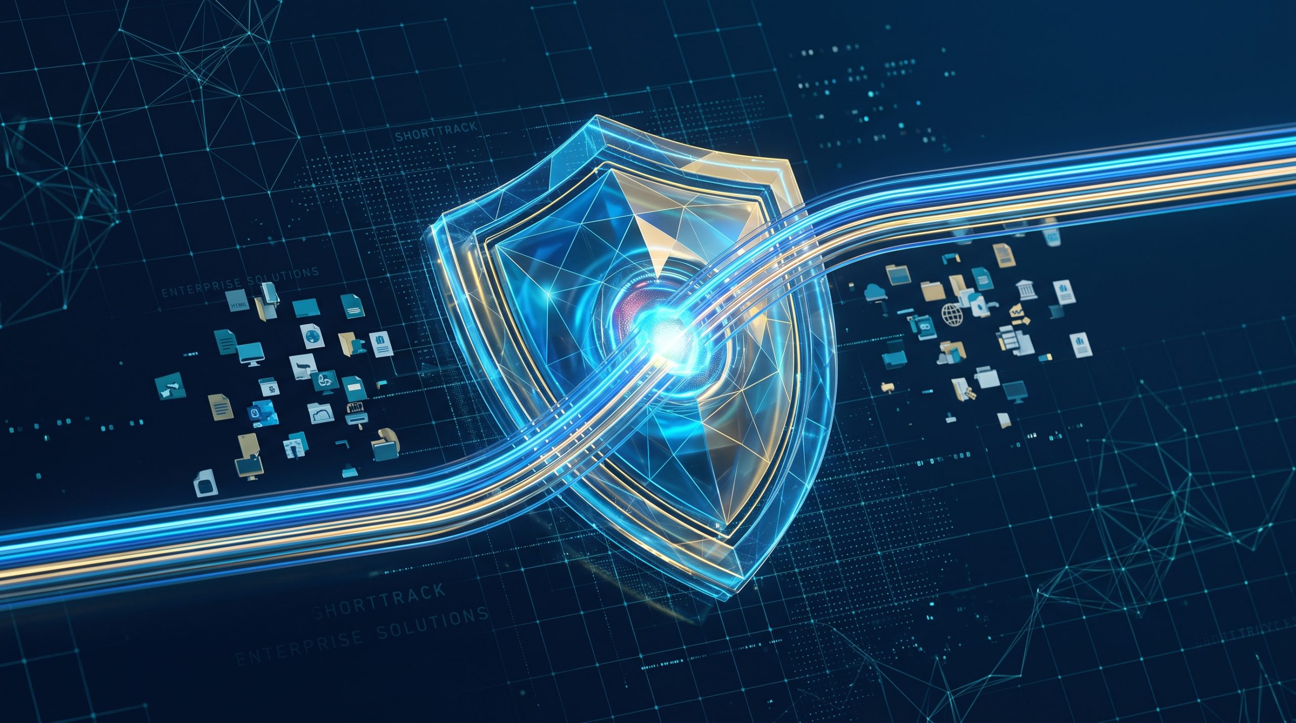 A digital shield layout illustrating NPI security and encrypted data orchestration in title production workflows.