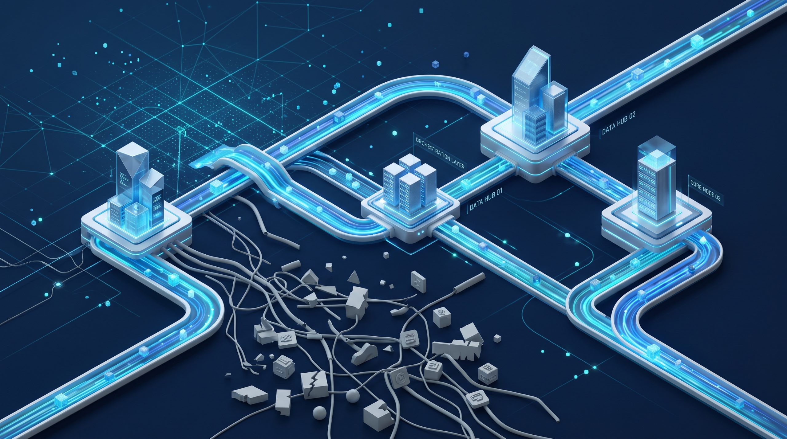A glowing digital pipeline connecting isolated technology nodes, illustrating the shift to interconnected Title Leadership and workflow orchestration. Title: title-leadership-orchestration-ecosystem